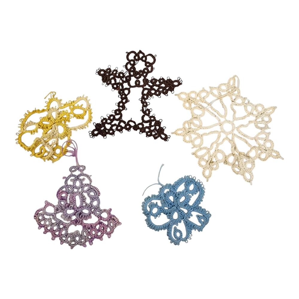 5 Handmade Christmas Ornaments Starched Crochet Snowflakes Bells Bear 3"-4"
